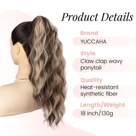 YUCCAHA 18 Inch Ponytail Extension for Women Claw Ponytail Extension Wavy in Fake Pony Tails Fake Hair Fluffy Natural Synthetic Hairpiece for Daily Use (Chestnut Brown Mixed Ash Blonde)