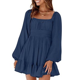 Dokotoo Wedding Guest Dresses for Women Square Neck Summer Dresses Shirred Elastic Waist Lantern Long Sleeve Dress for Women Ruffle Tie Back A-Line Off The Shoulder Dress Large Dark Blue