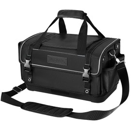 FUZVOL Heavy Duty Tool Bag with Wide Mouth, Full-Open Tool Bag, Tool Box Organizer Storage, Tool Tote with Adjustable Shoulder Strap, Portable, Waterproof, Multi-Pockets, Molded Base, Black