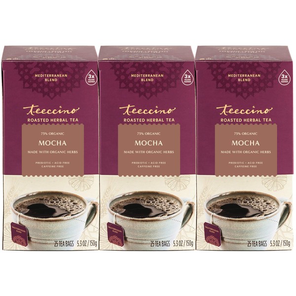 Teeccino Mocha Herbal Tea - Rich & Roasted Herbal Tea That’s Caffeine Free & Prebiotic for Natural Energy, 25 Tea Bags (Pack of 3)