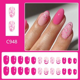 Pink Press on Nails Short Almond False Nails with Flower Design Pink French Tips Fake Nails Glossy Glitter Glue on Nails Cute Full Cover Reusable Summer Stick on Nails for Women Girls Manicure 24Pcs
