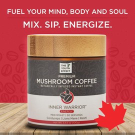 Canadian Mushroom Coffee infused with 3 Superfood Mushrooms; Organic Cordyceps, Lion's Mane & Reishi. Adaptogens for All-Day Energy, Focus & Stress Relief, Low Caffeine Coffee Substitute. (Adaptogenic Coffee, Organic Mushrooms, 100g, 50 Servings, MADE IN