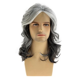 Baruisi Long Wavy Grey Wigs for Men Synthetic Layered Wavy Cosplay Party Wig
