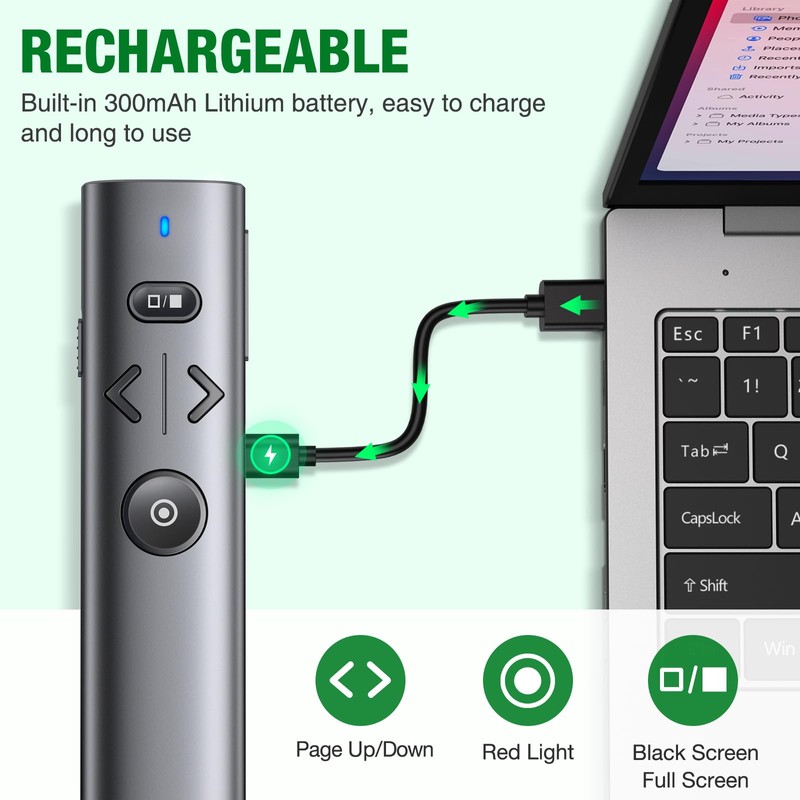 Wireless Presentation Clicker with Green Laser Pointer, Volume Control USB