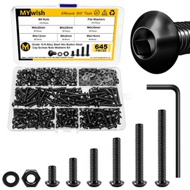 Mywish 645Pcs M4 Screw Metric Screw Assortment Kit, 10.9 Grade Alloy Steel M4 Bolts, Button Head Socket Cap Metric Screws, Flat Washers/Nuts/Hex Wrenches M4*8/12/16/20/25/30mm Black, Fully Threaded