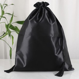 2 Pcs Soft Silk Wig Bags Large Satin Hair Packaging Bags Travel Wig Storage Carrying Pouches with Drawstring Tassel for Bundles, Wigs, Hair Extensions, Hair Tools (Black)
