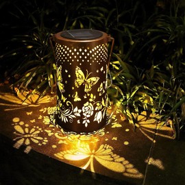 Solar Lanterns Outdoor Hanging Lanterns, Car On/Off Butterfly Hollowed Metal Decoration Lantern, Waterproof LED Decorative Garden Light Solar Lantern for Patio Yard Path Landscape
