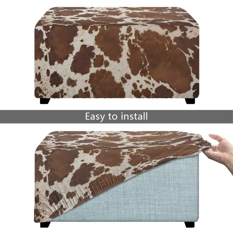 Talayituse Brown Cow Print Stretch Velvet Ottoman Slipcover Rectangle Folding