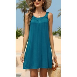 BLUETIME - Vestido Corto de Verano sin Mangas, Plisado, para Playa, para Mujer, Azul (Acid Blue), XL