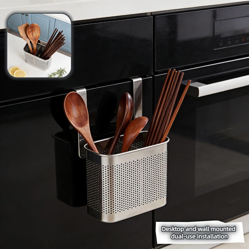 SAYUANVA Stainless Steel Kitchen Utensil Holder with Hooks, 2-Tier Stainless