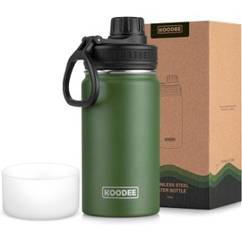 koodee 12 oz Water Bottle Stainless Steel Vacuum Insulated Wide Mouth Water Flask with Leakproof Spout Lid, Reusable Metal Water Bottle for Boys BPA Free(Grass Green)
