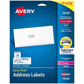 Avery Mailing Address Labels,Laser & Inkjet Printers,300 Labels, 1 x 2-5/8, Permanent Adhesive,5 Packs (18160)
