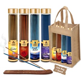 The Aroma Factory Organic Incense Sticks Natural Aromatic Fragrances | Charcoal Free| Non Toxic | Hand Made Herbal Pooja Agarbatti, Combo of 4 x 100g Jute Gift Set (Tropical Aromas)