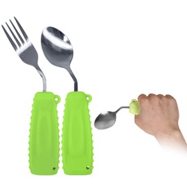 Ehucon Adaptive Utensils Angled Spoon and Fork for Hand Tremors Parkinsons,Weighted Utensils with Non-Slip Easy Grip Handles for Independent Eating (1pcs Spoon+1pcs Fork=2 pcs,Green,Right Hand)