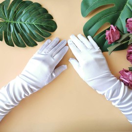 2 Pair Little Girls Long Princess Costume Glove, Creatiee White Dress Up Beading Bows Glove for Kids Party, Wedding, Birthday, Holiday, Formal Pageant (White)