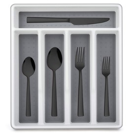 LIANYU 20-Piece Black Silverware Set with Tray, Stainless Steel Square Flatware Cutlery Set for 4, Black Eating Utensils for Home Restaurant, Dishwasher Safe, Mirror Finished
