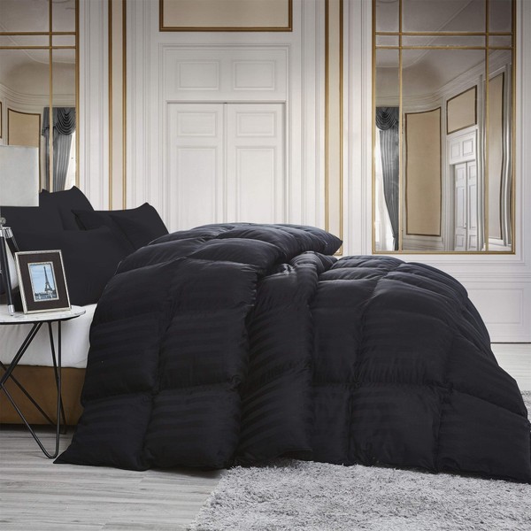 Luxurious All-Season Goose Down Fiber Comforter Twin Size Duvet Insert, Exquisite Black Stripe Design, 100% Egyptian Cotton Down Proof Fabric, 50 oz Fill Weight