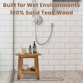 TEAKAURA Teak Shower Bench Stool, 14'' Compact Waterproof Wood Spa Bath Bench with Storage Shelf & Handle, Non-Slip Solid Teak Shower Seat Chair for Small Bathrooms Inside Shower and Outdoor Use