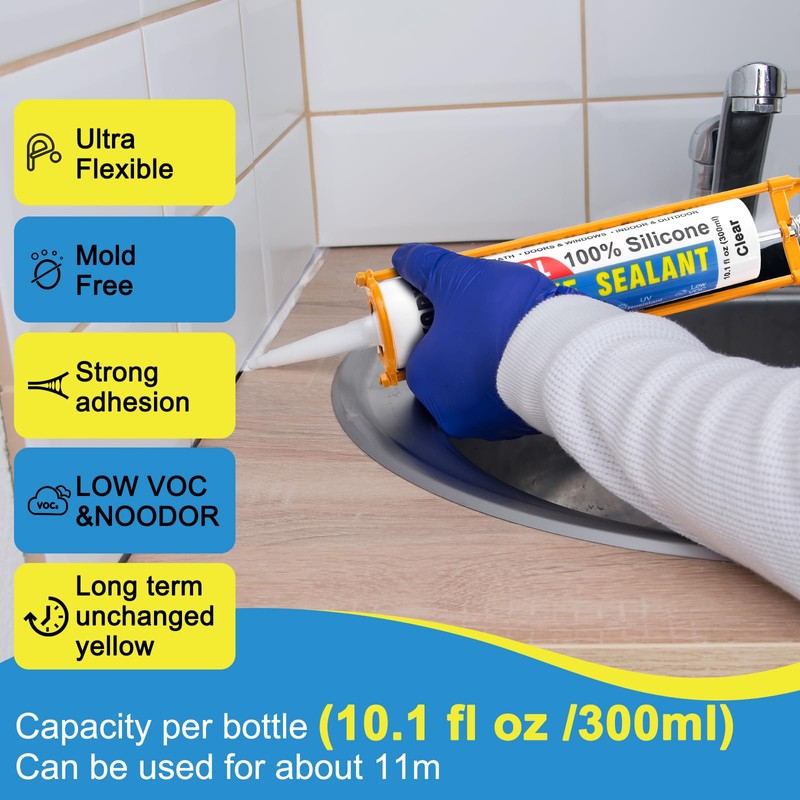 Silicone Caulk & Sealant Clear, 10 Pack - 100% Waterproof