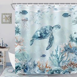 Emwnodti Sea Turtle Shower Curtain, Teal Blue Ocean Themed Beach Coastal Fish Bathroom Curtain Decor, Watercolour Polyester Waterproof Bath Curtian Accessory Set with 12 Hooks 72x72 inch