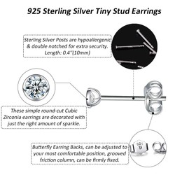 CERSLIMO 3 Pairs Sterling Silver Stud Earrings for Women Men Girls Tiny Round Cubic Zirconia CZ Stud Earrings Set Cartilage Tragus Earrings for Sensitive Ears(2mm,3mm,4mm)