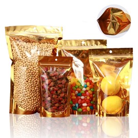 100 Pack Resealable Mylar Bags with Window for Food Storage,Stand Up Smell Proof Bags,Pouch Food Packaging Heat Seal Bags for Candy,Jewelry, Foil, Bulk (Gold, 5.9x9.05 inch)