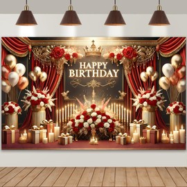 Red Gold Birthday Paty Backdrop Luxurious Red Gold Happy Birthday Banner Red Gold Photography Background for Home Decorations Party Supplies 70.8 x 47.2 Inch