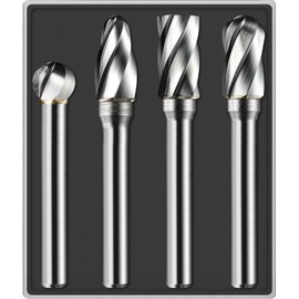 4Pcs Carbide Burr Set 1/4 Shank Aluminum Cut (Wide-Flute Cut) Die Grinder Bits Rotary Tools Attachment Kit Rasp File Accessories Metal Wood Stone Steel Grinding Deburring Cutting Porting Carving