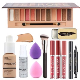 All in One Makeup Set 12 Colors Eyeshadow Palette Matte Foundation Face Primer, 3 Colors Liquid Lipstick, Eyebrow Soap, Winged Eyeliner Stamp, Makeup Brush, Makeup Sponge, Makeup Set (Set B)