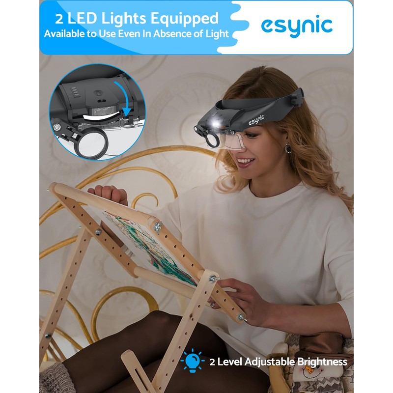 eSynic Type-C Rechargeable Magnifying Glasses Headset-Up to 13X Magnification-5 Interchangeable