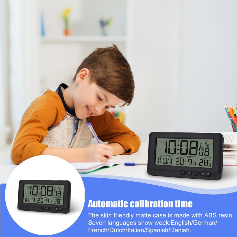 Digital Radio-Controlled Alarm Clock with Thermometer, Alarm Clock Digital with