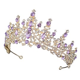 minkissy Purple Crystal Crown Women for Bride Corona Birthday Tiara Gold Rhinestone Crowns for Girls Tiaras Bridal Headpiece for Party Small Wedding Rhinestone Headband Miss