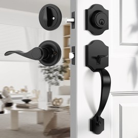 Probrico Black Heavy Duty Front Entry Handleset,Entry Door Locksets with Deadbolt Single Cylinder,Passage Lock Grip Handle with Wave Lever and Deadbolt Set,1 Set