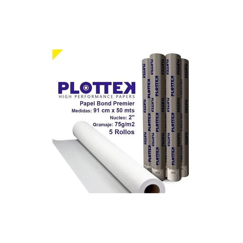 5 Rollos Papel Bond Plotter Bb 400 Plottek .91x50mts