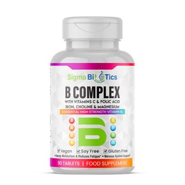 SigmaBiotics 8 B Complex Vitamins, B12, Vitamin C - Folic Acid, Biotin, Choline, Magnesium, B1, B2, B3, B5, B6 Vitamins - Vegan & Gluten Free - 90 Tablets - One Per Day - 3 Months Supply