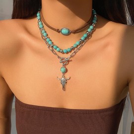 Vintage Layered Western Necklace for Women Bohemian Turquoise Beads Western Jewelry Irregular Elliptical Bull Head Cross Boots Cactus Pendant Necklaces Country Concert Outfits Jewelry Accessories (Turquoise Beaded Paerclip Chain Necklace)