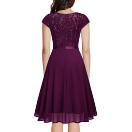 MISSMAY Women's Elegant Glitter Sequins Ruffles Trim Wedding Guest Cocktail Party Fit and Flared Swing Dress (Medium, Magenta)