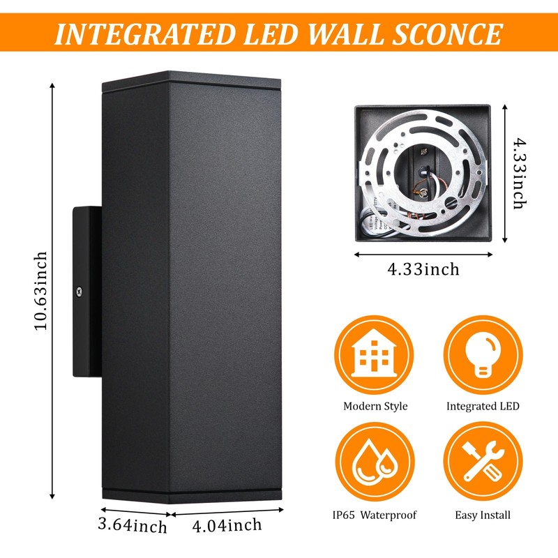 DAKAFUL Dimmable Wall Lights Outdoor 2 Packs, Integrated LED Square