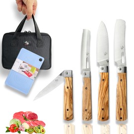 SENBON 440A stainless steel Gift wrapped 4 piece set sharp pocket folding Japanese chef knife universal peeling knife bread knife set portable kitchen knives with natural olive handle