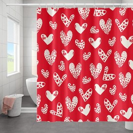 Umpoo Valentine's Day Shower Curtain with Hooks White and Red Love Heart Shower Curtain for Valentines Day Festival Style Bathroom Decorative Waterproof Polyester Fabric, 36x72 Inch