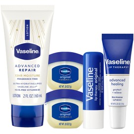 Vaseline Travel Essentials, cuidado de la piel y los labios sin fragancia: loción sin perfume de reparación avanzada + terapia labial, tubo curativo avanzado, barra original y mini frascos