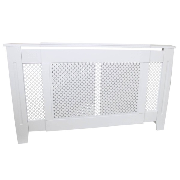 Adjustable Radiator Cover White Painted MDF Wooden Trellised Grill Style Home Furniture Cabinet Shelf Display Protective Modern Heating Living Room Bedroom Hallway Decorative, 1400mm – 1920mm