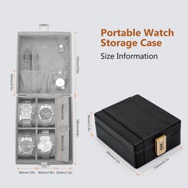BISON DENIM Watch Box, 4 Watch Travel Case with Combination Lock - PU Leather Men's Watch Storage Box & Jewelry Organizer with Ring Slots & Necklace Hooks, Secure Travel Case, Black