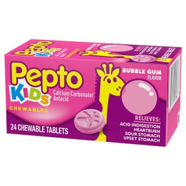 Pepto Bismol Kids Bubblegum Flavor Chewable Tablets for Heartburn,Acid Indigestion,Sour Stomach,and Upset Stomach for Children 24 ct