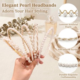 5pcs Pearl Headbands for Women, Artificial Pearl Hair Accessories Non-Slip for Girls, Elevated Headpiece Bridal Hair Pieces for Wedding Party Prom