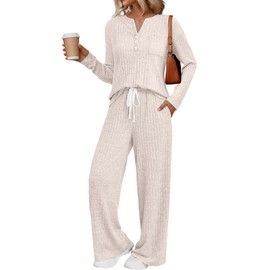 LILLUSORY Womens 2 Piece Lounge Sets Fall Outfits Henley Neck Sweater 2025 Matching Sweat Suits Comfy Pajamas Clothes Pockets Apricot 2XL