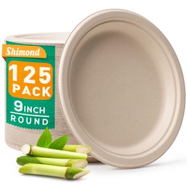 Shimond 100% Compostable Plates 9 Inch 125 Pack, Heavy Duty Disposable Paper Plates Eco-Friendly Unbleached Biodegradable Sugarcane Bagasse Natural Dinner Plate
