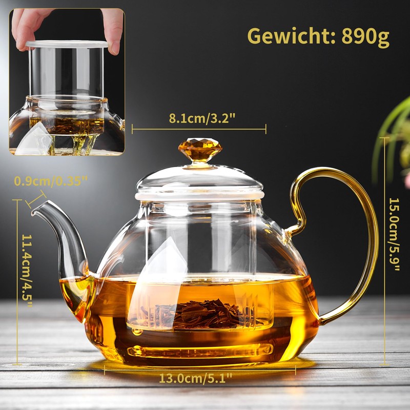 Large Capacity Glass Teapot with Removable Infuser, Stovetop Safe, Thickened