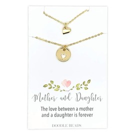 Mother Daughter Necklaces - 2 Small layering Gold Heart Necklaces - Tiny Gold Heart & cut out heart, with 15"-17" and 16"-18" chains (Gold)