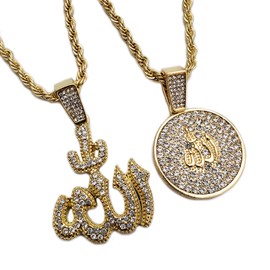 BLINGFACTORY Hip Hop Gold PT Bling Muslim Allah Pendant & 4mm 24" Rope Chain 2 Necklace Set